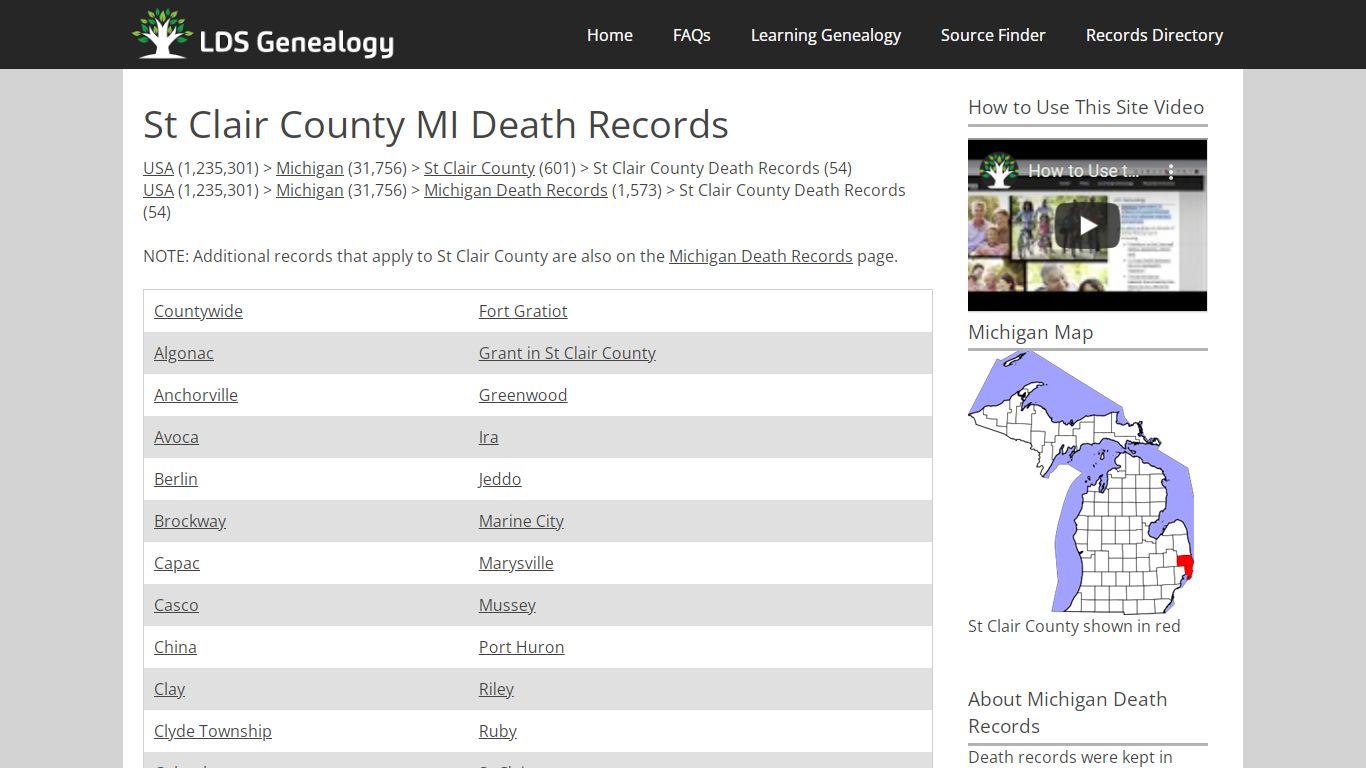 St Clair County MI Death Records - LDS Genealogy