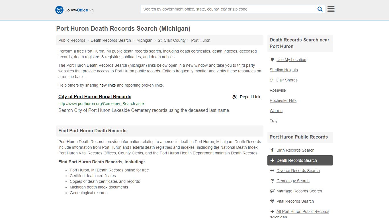 Port Huron Death Records Search (Michigan) - County Office
